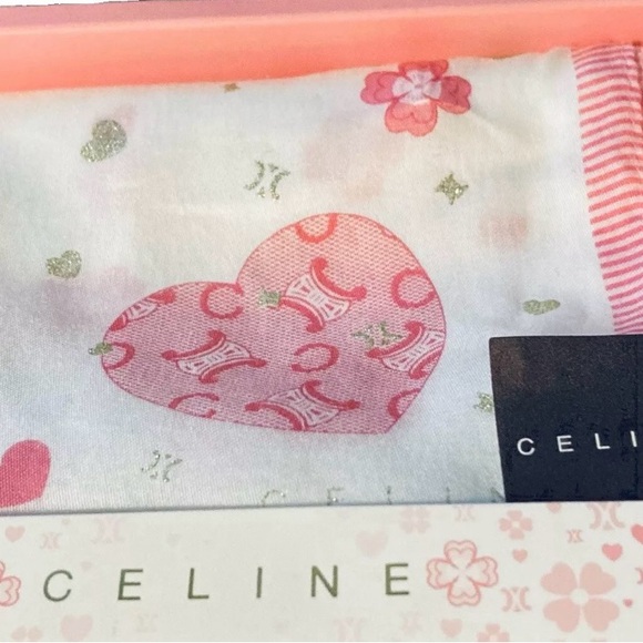 CELINE Cotton Scarf TRIOMPHE Logo White w/Pink Hearts 19" x 19" Kerchief w/Box - Picture 3 of 10